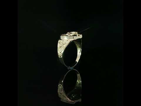 Upright view of a 14K gold horse signet ring with a textured shoulder, crossed decorative motif and polished shank.