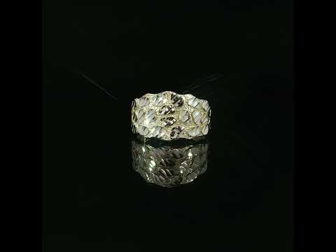 14K yellow gold nugget ring showcasing its intricate textured gold surface and scattered reflective oval-shaped accents.
