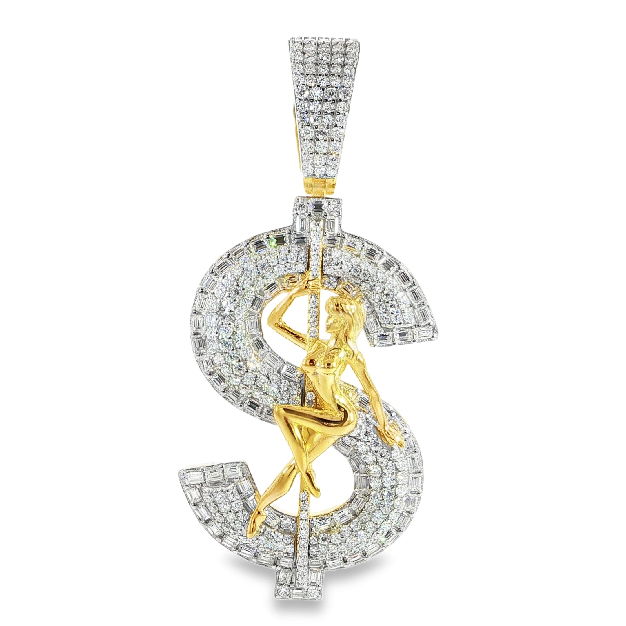 Luxury hip-hop pendant with moissanite dollar sign and gold-plated dancer.