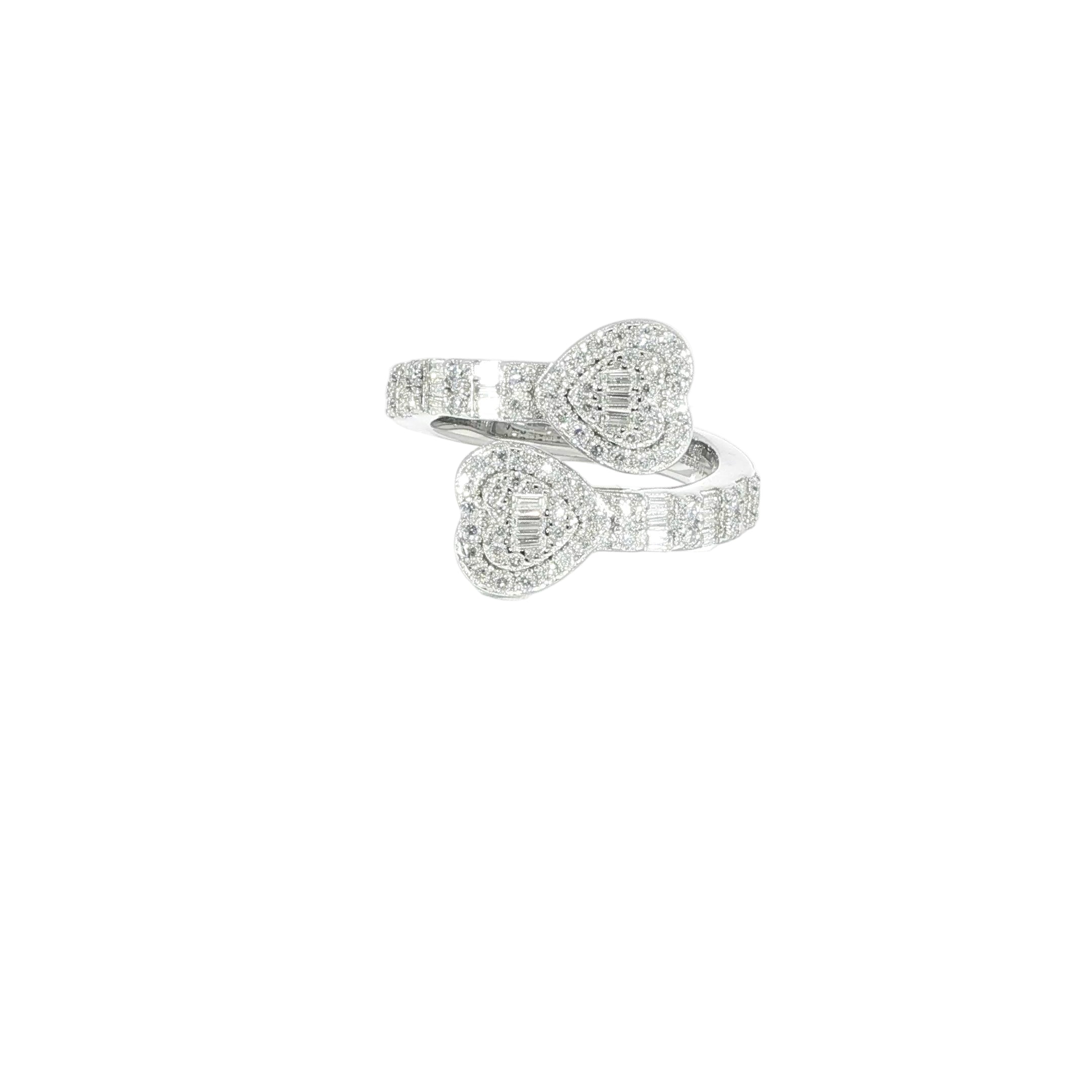 Video of sterling silver double heart moissanite ring with open bypass style