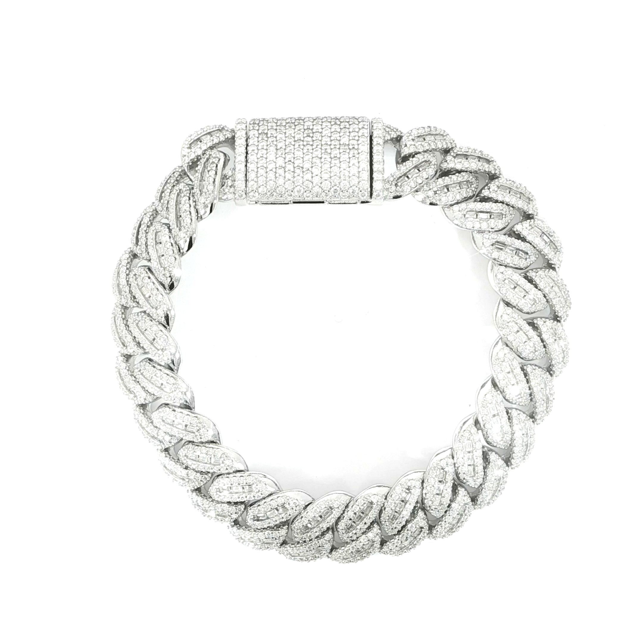 Sterling silver Cuban link bracelet featuring 12 CTW VVS moissanite and baguette accents in a bold 14MM design.