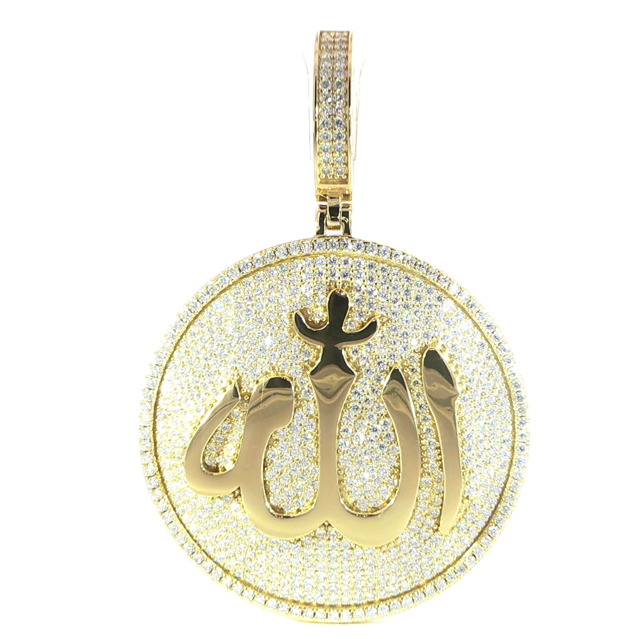 Gold Plated Silver Allah Calligraphy Pendant with 8.18 CTW VVS Moissanite