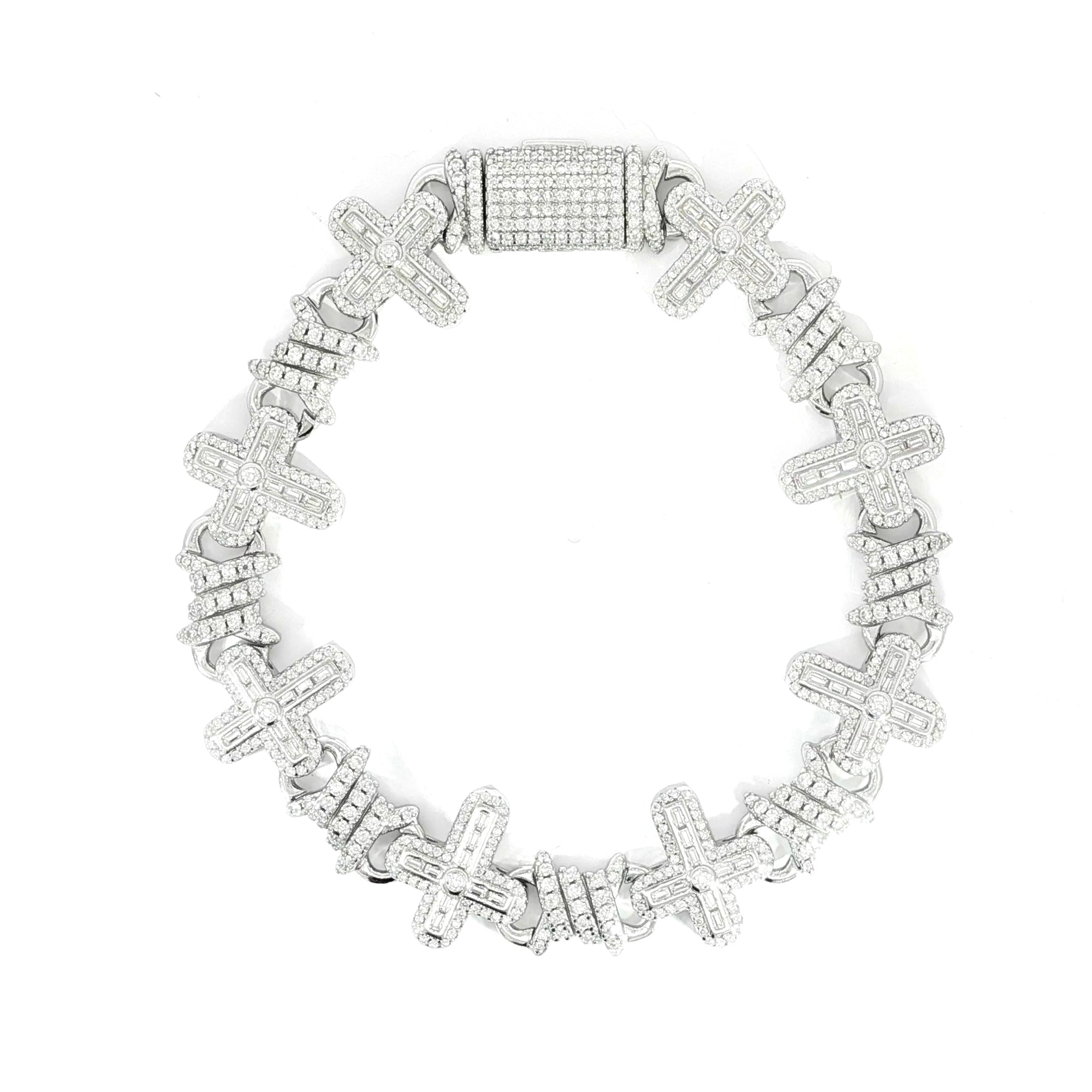 Statement sterling silver moissanite bracelet featuring oversized cross links and pavé detailing