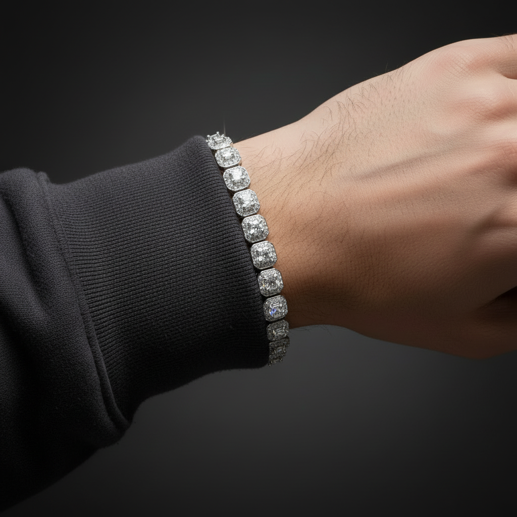 925 sterling silver princess halo tennis bracelet with VVS moissanite.