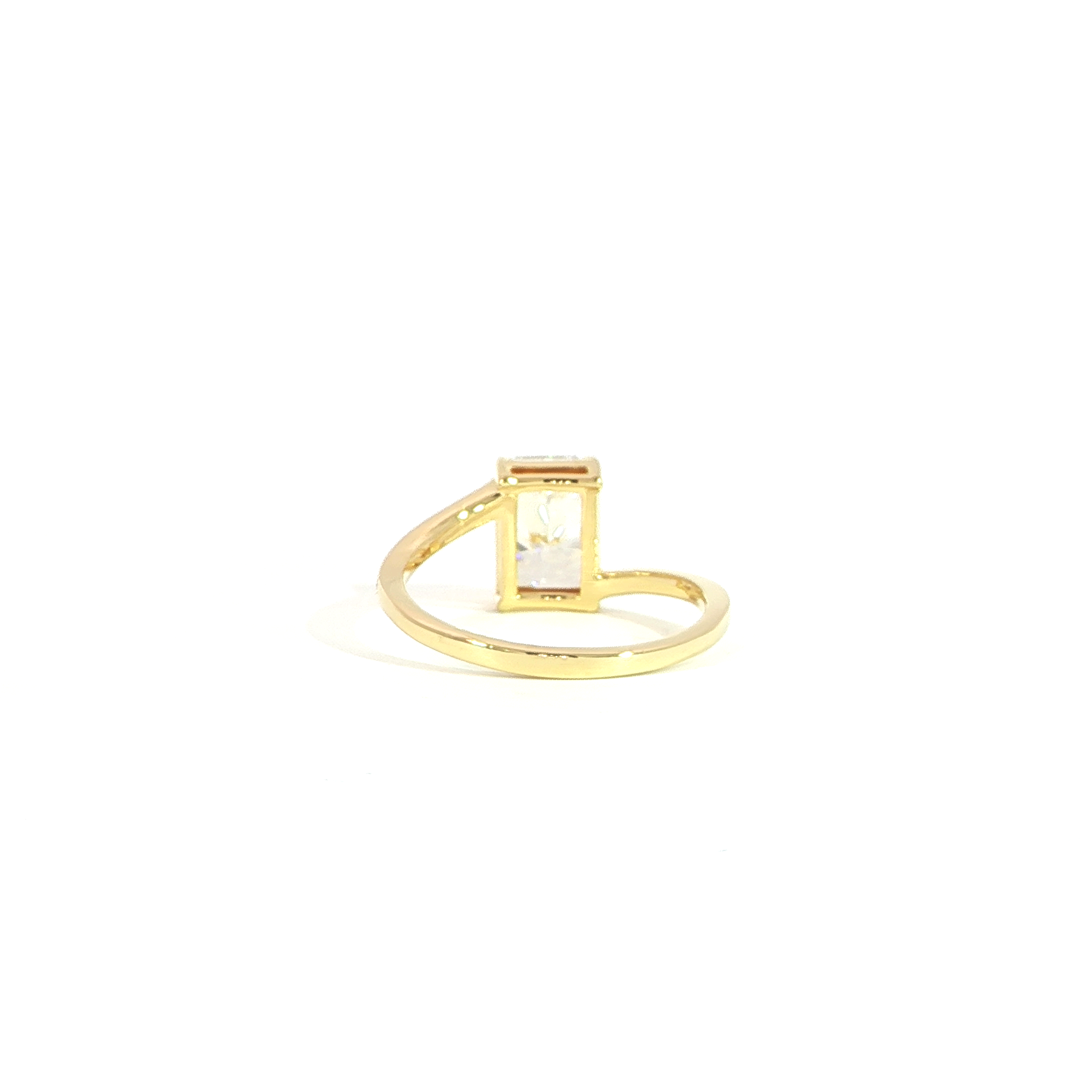 Radiant cut diamond engagement ring in yellow gold back view