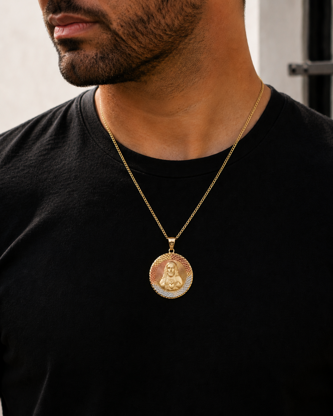 Sacred Heart of Jesus Pendant in 14K Yellow White and Rose Gold