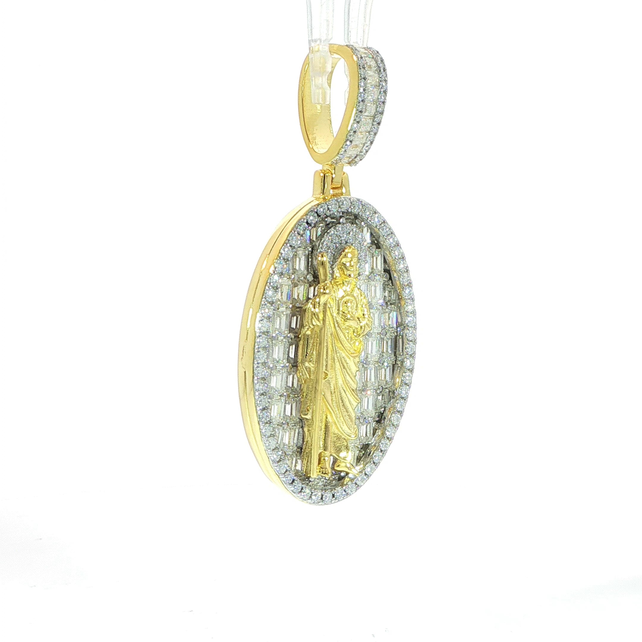 Iced Saint Jude pendant featuring 6 CTW VVS moissanite stones in sterling silver.