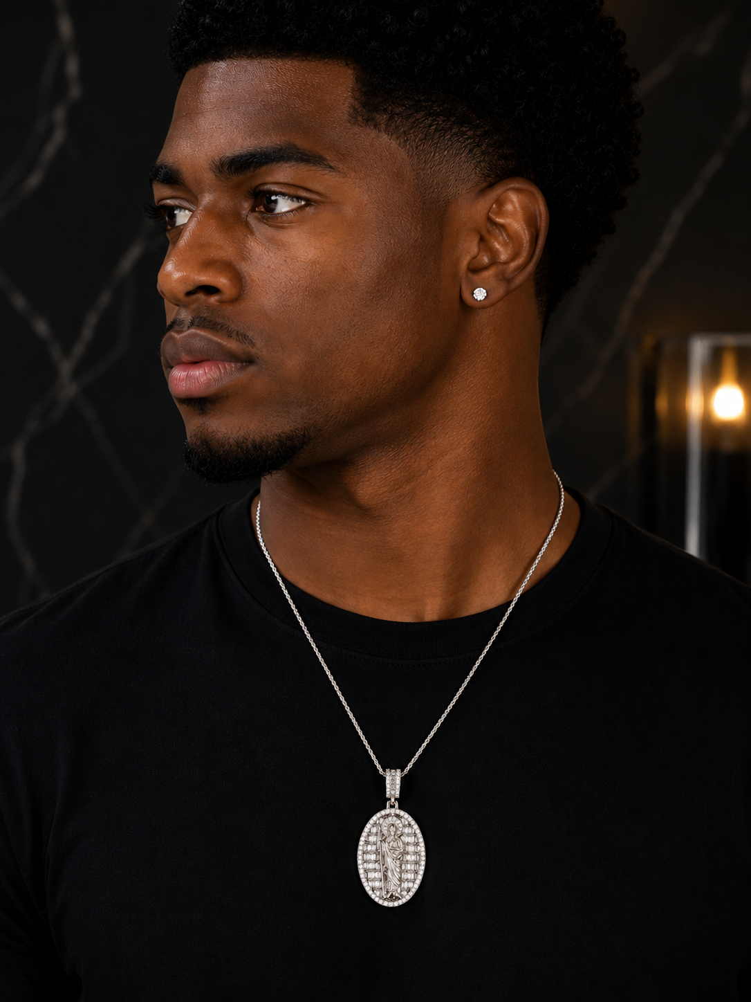 Iced Saint Jude pendant featuring 6.02 CTW VVS moissanite stones.