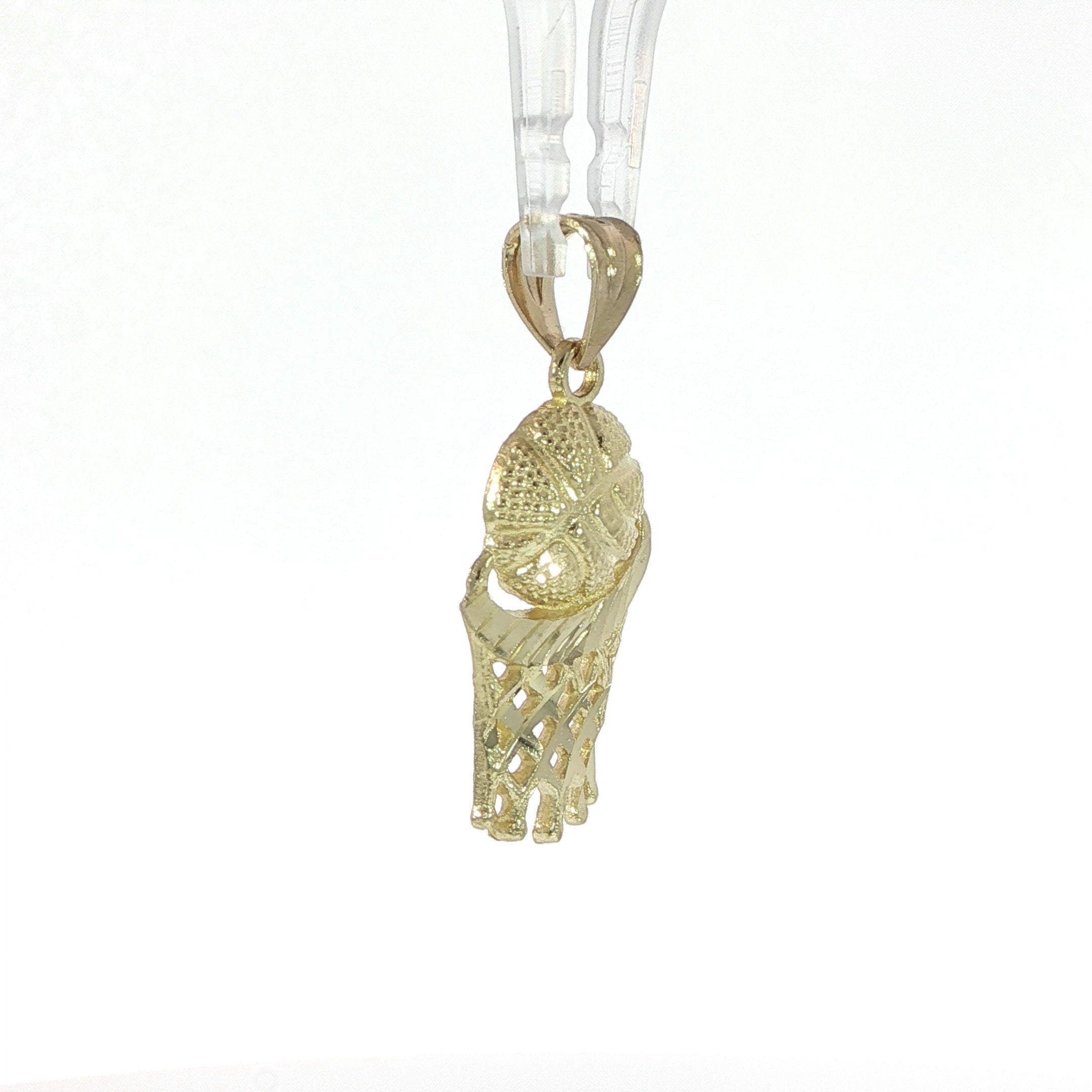 Detailed 10K gold basketball hoop charm with textured basketball and diamond cut hoop design