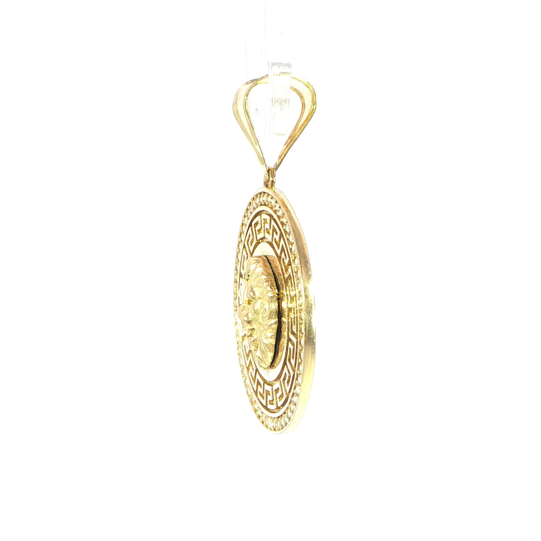 Luxury gold lion head pendant featuring Greek border