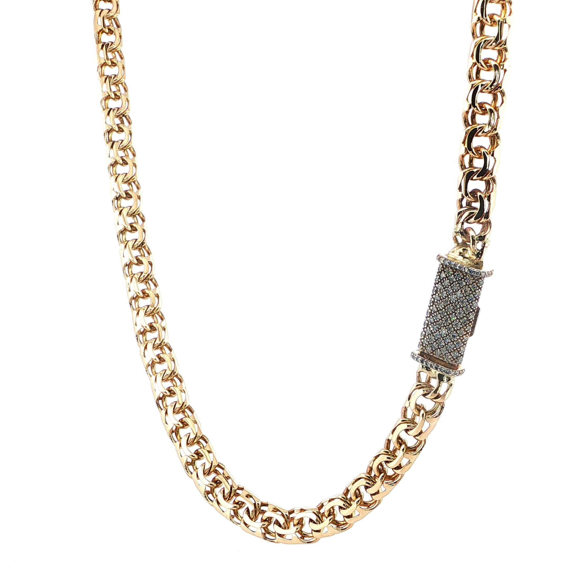 Side profile solid yellow gold Byzantine-style chain with bold interlocking links