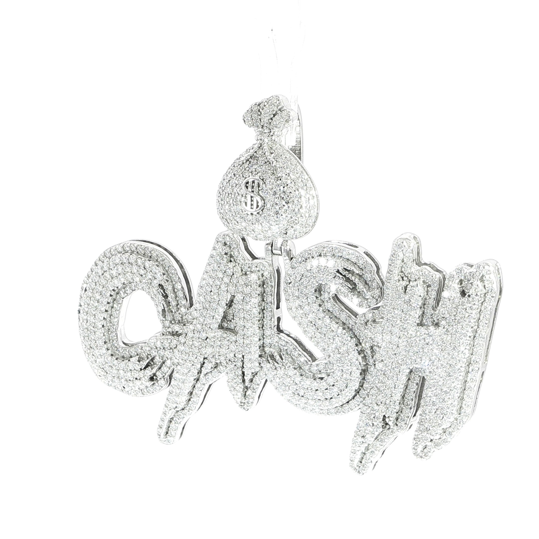 Sterling silver graffiti-style CASH pendant featuring a money bag bail.