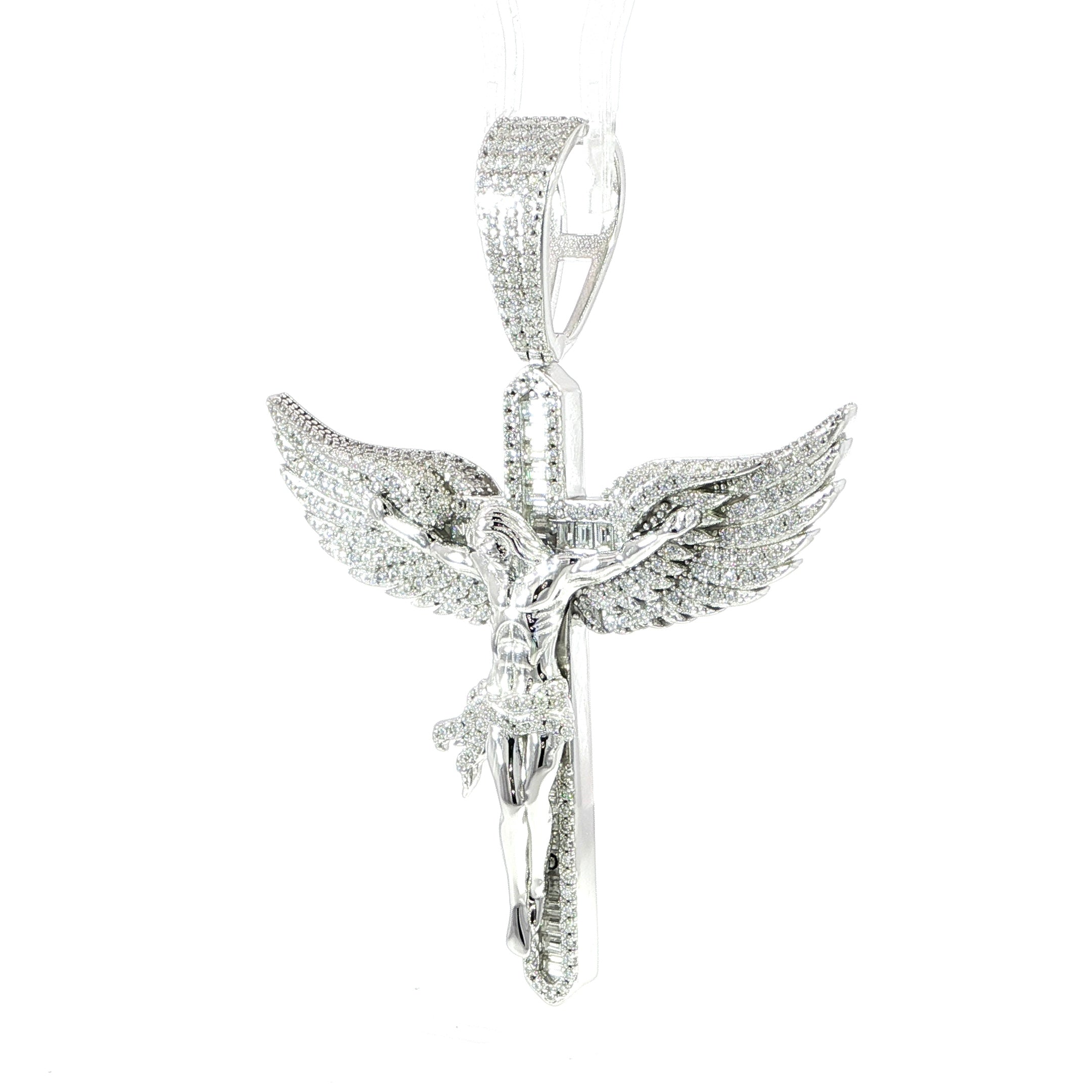 Large sterling silver religious pendant with angel wings and crucifix