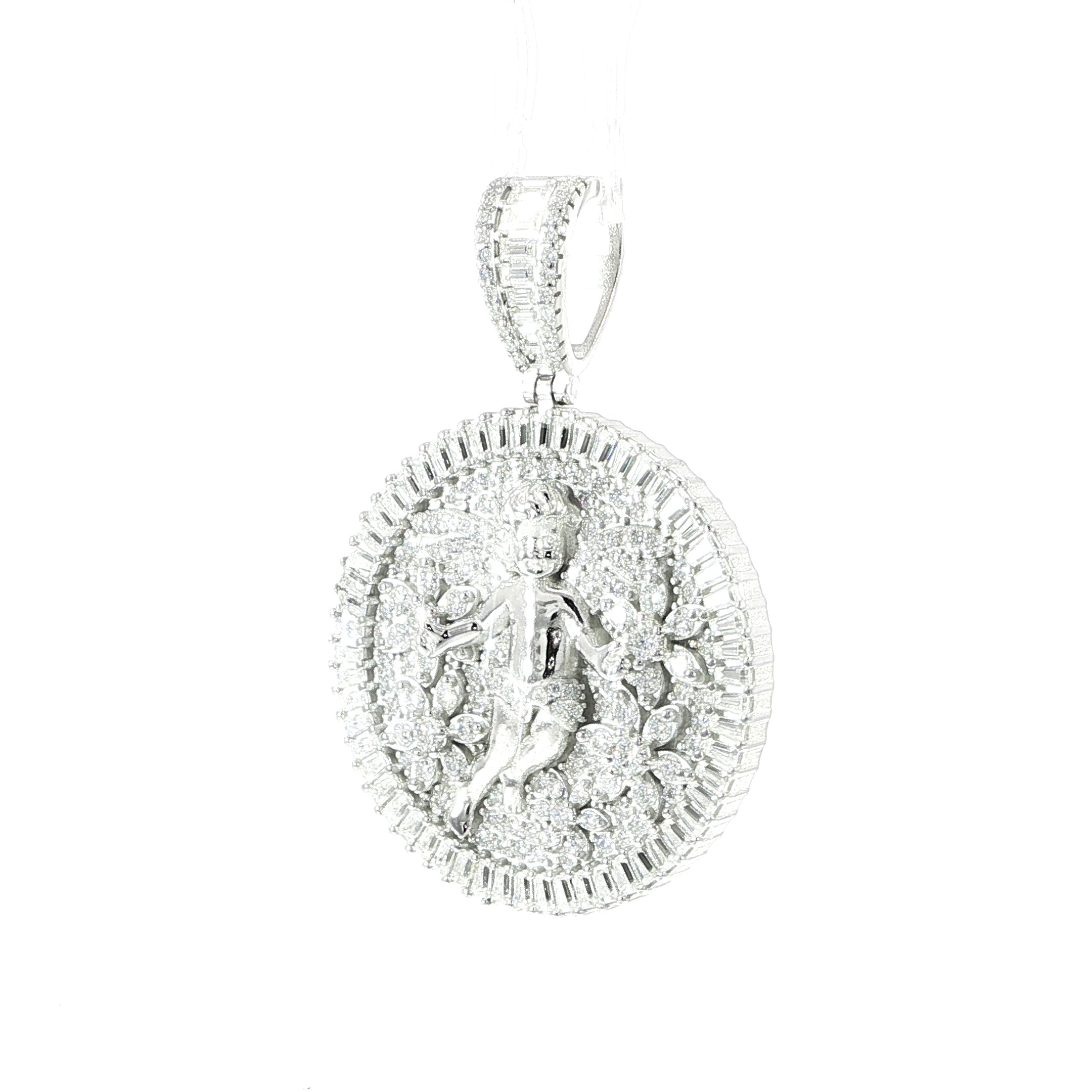Cherub with flowers medallion pendant featuring a baguette moissanite halo.