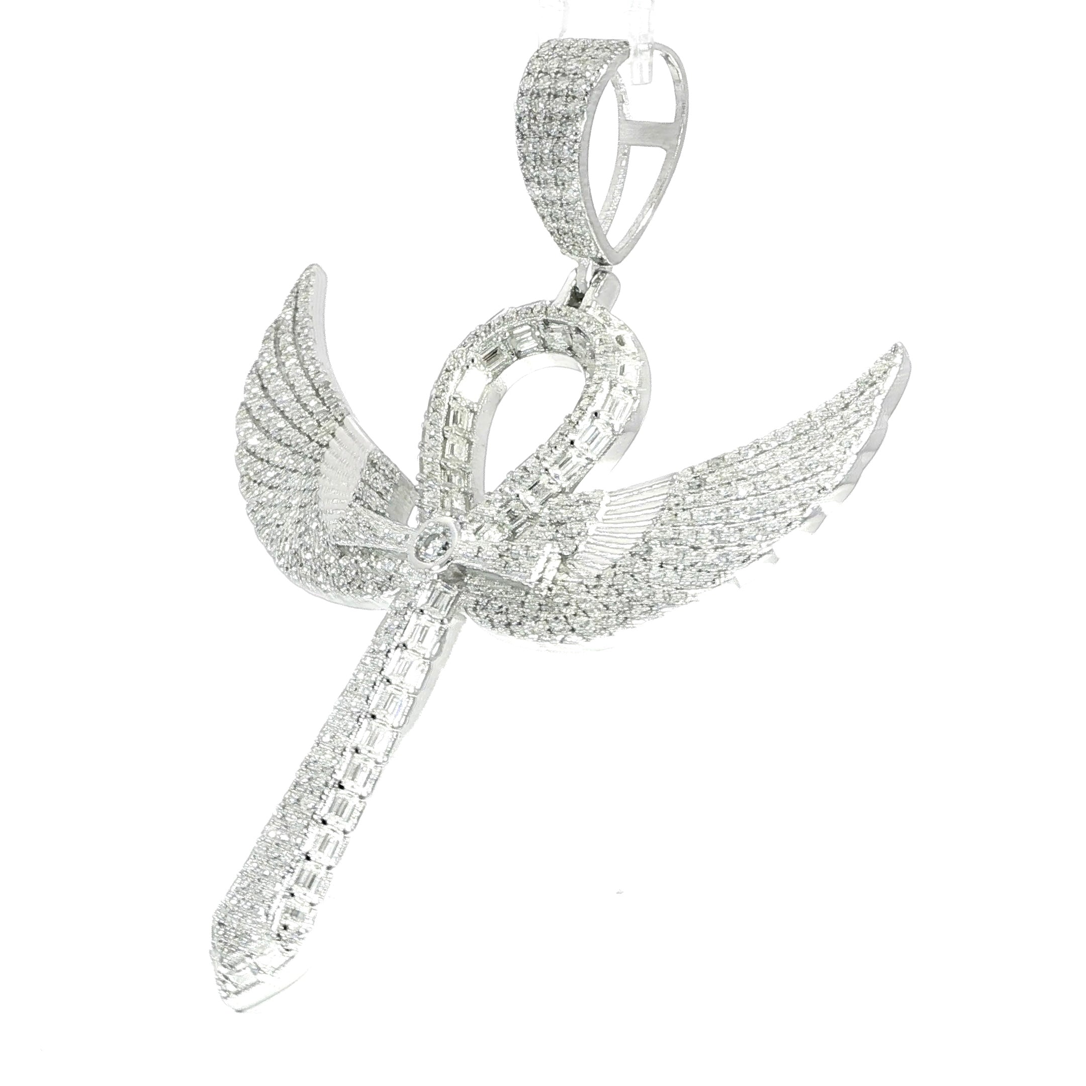 Luxury Winged Ankh Cross Pendant with baguette and round moissanite stones.