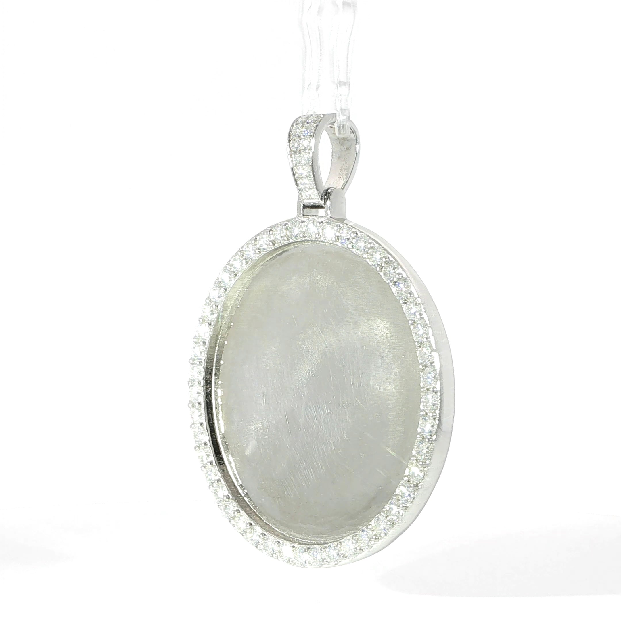 Sterling silver round picture frame pendant with brilliant moissanite halo