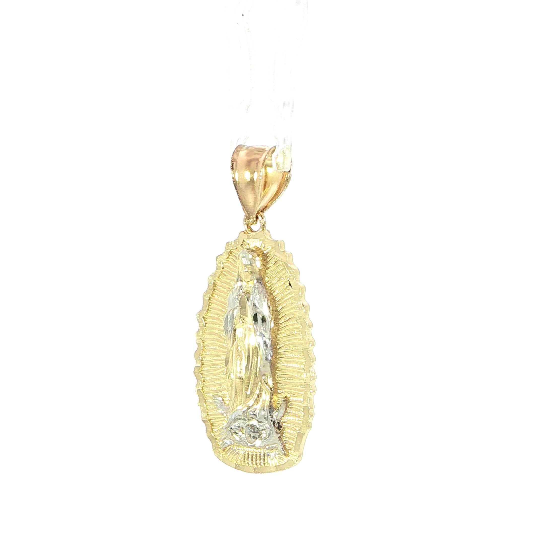 Virgin Mary medallion pendant in yellow and white gold
