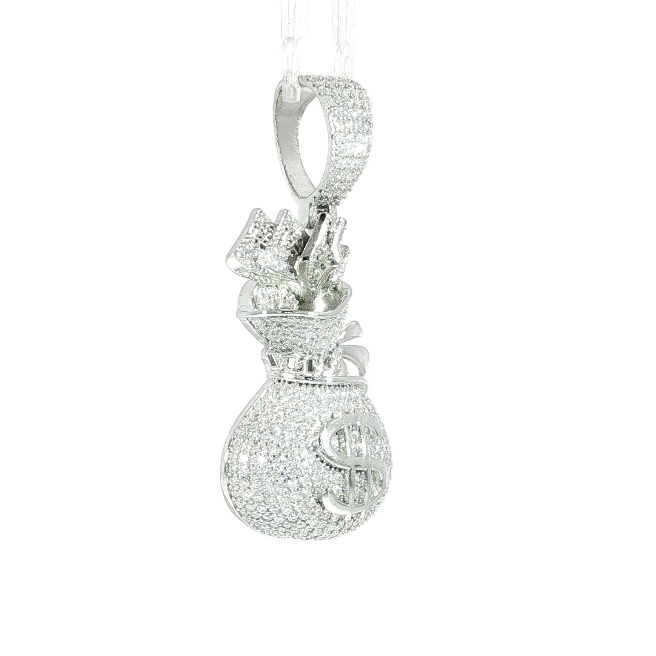 Iced out money bag pendant featuring dollar sign design.