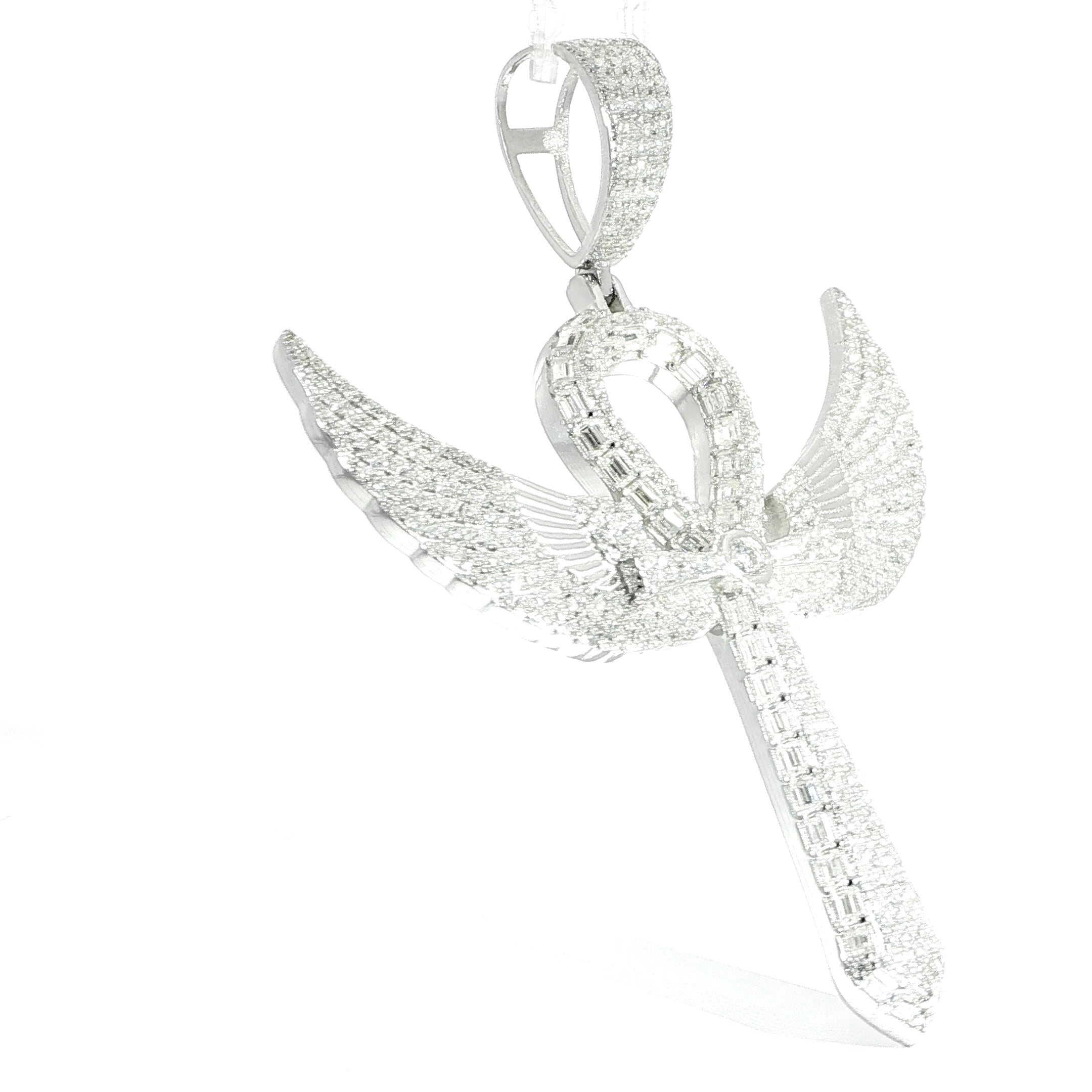 VVS moissanite winged Ankh pendant with brilliant sparkle.