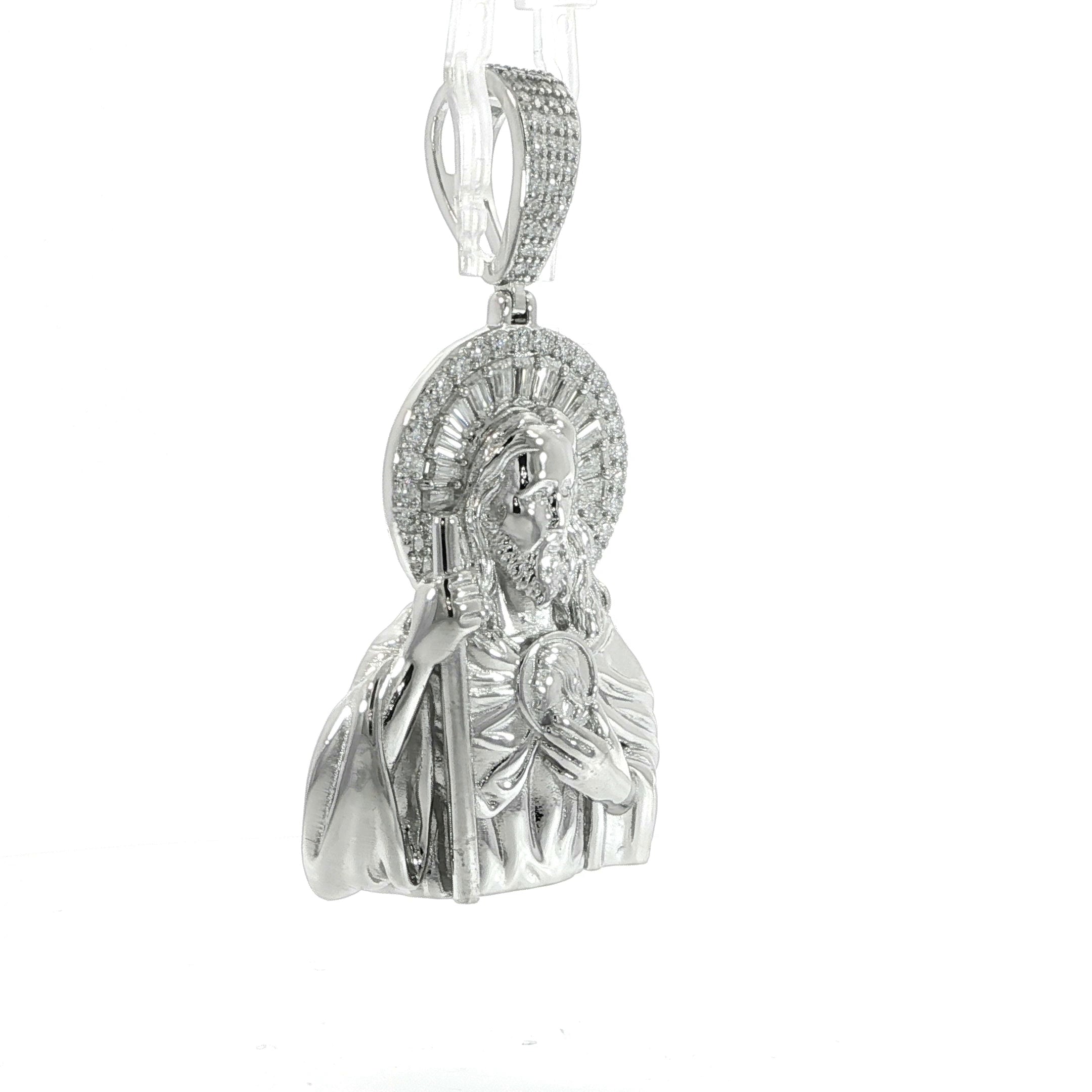 Catholic Sacred Heart pendant with baguette and round VVS moissanite accents.
