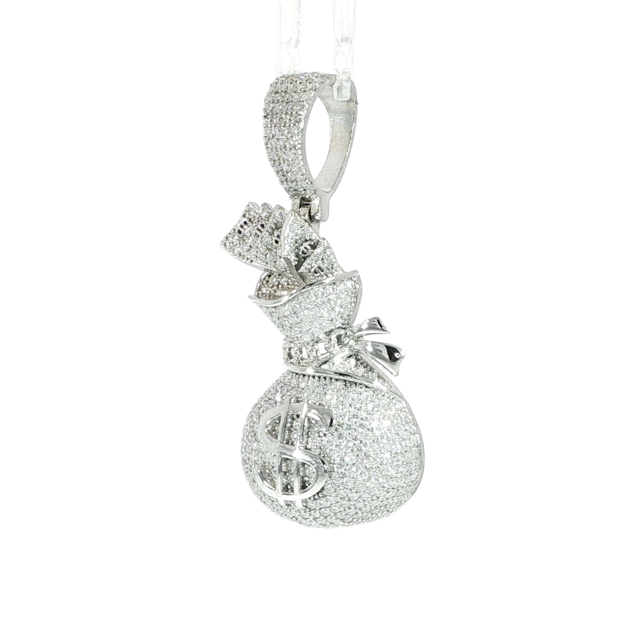 VVS moissanite money bag pendant in genuine 925 sterling silver.