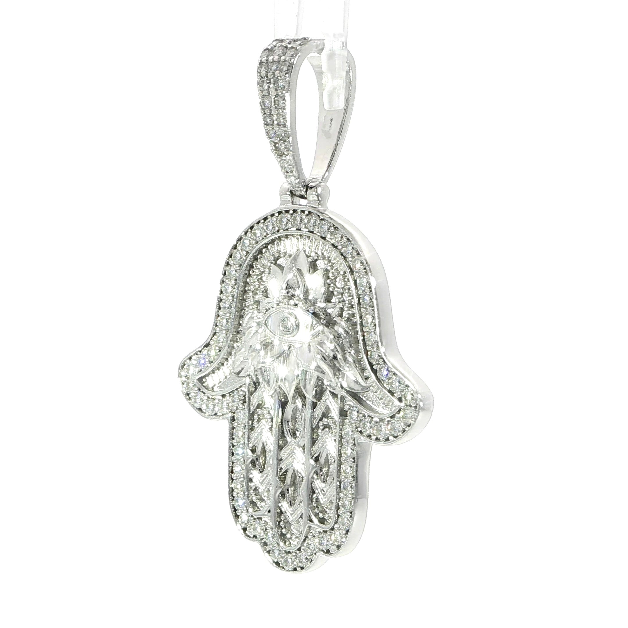 Detailed Hamsa Hand jewelry featuring brilliant moissanite