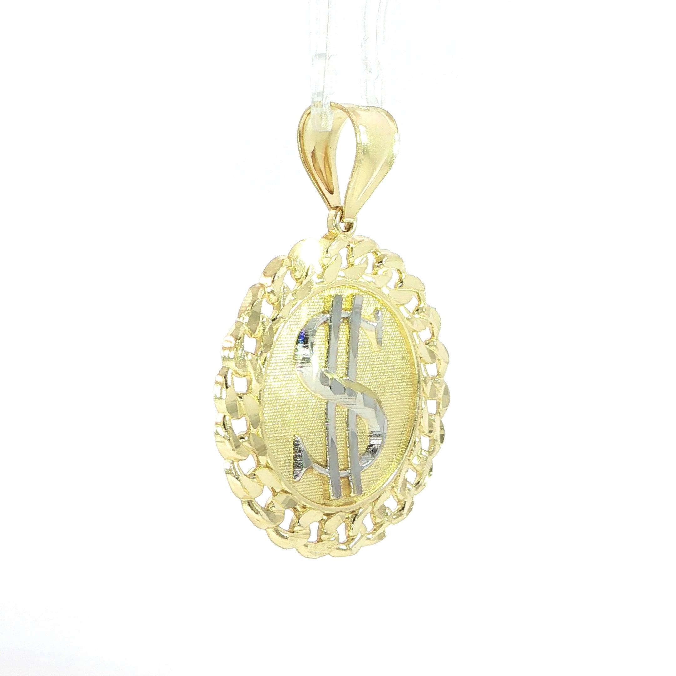 Two-tone gold money pendant featuring a raised dollar sign centerpiece.