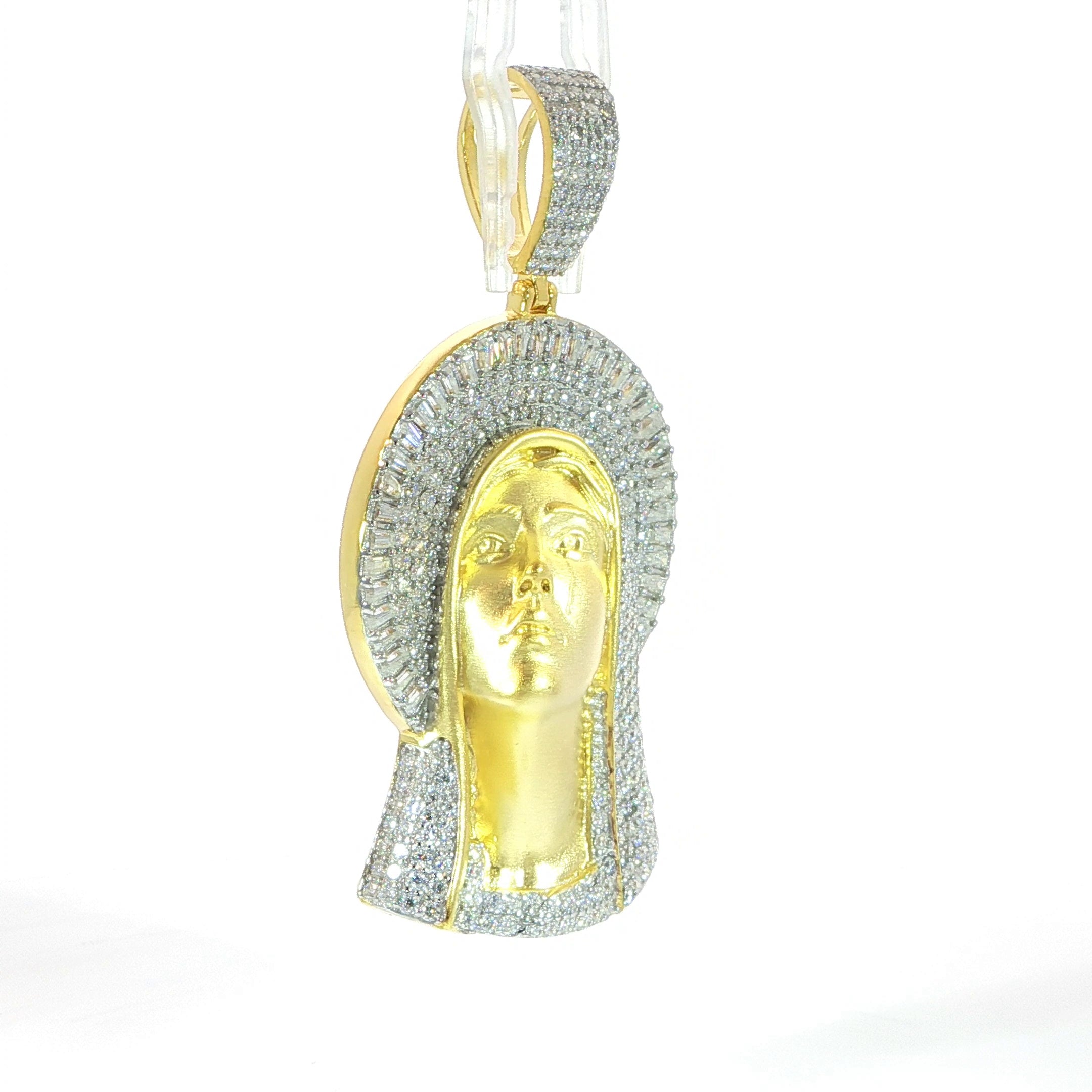 Sterling silver Blessed Mother pendant designed with luxurious moissanite brilliance.