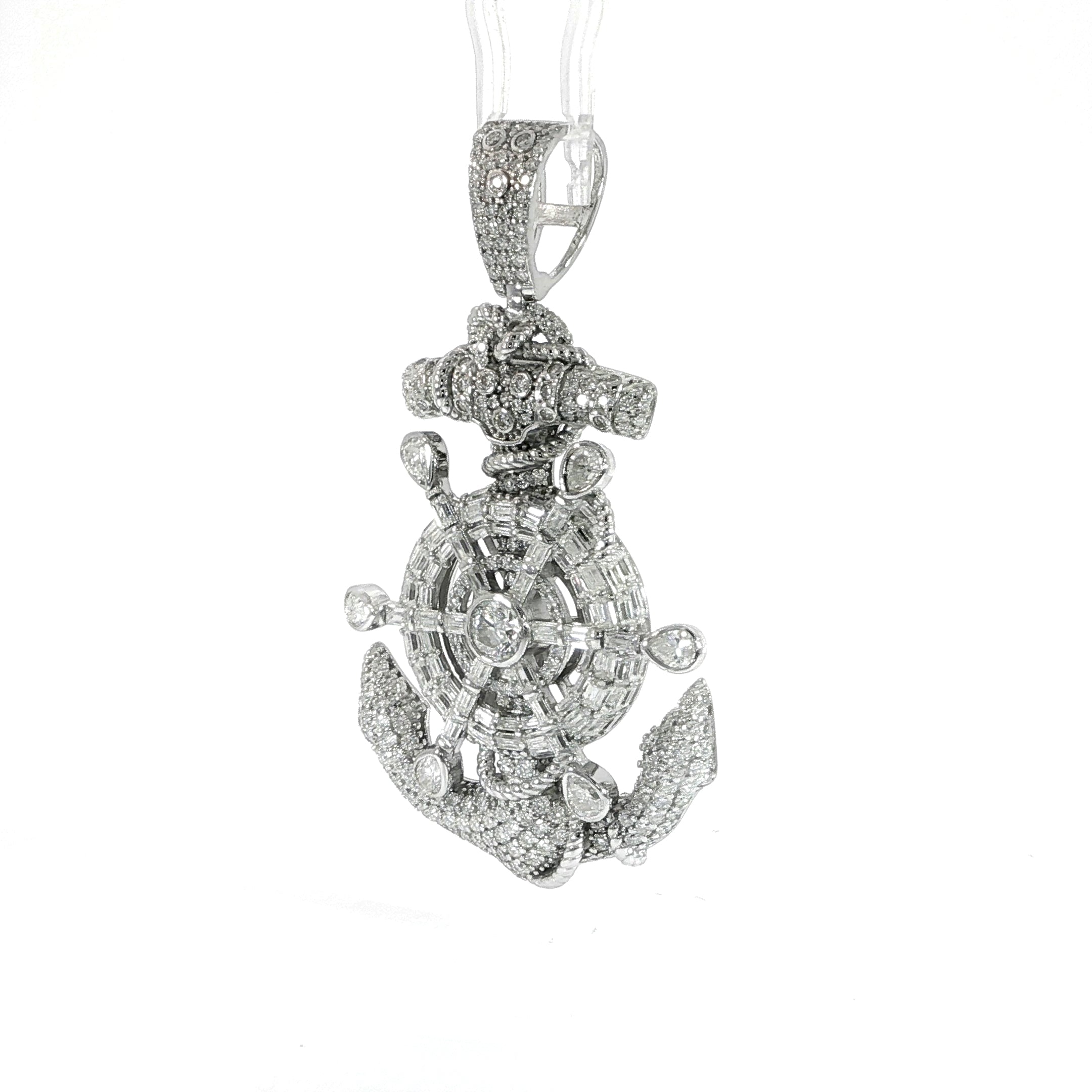 Detailed silver ship wheel and anchor necklace pendant with 10CTW Moissanites.