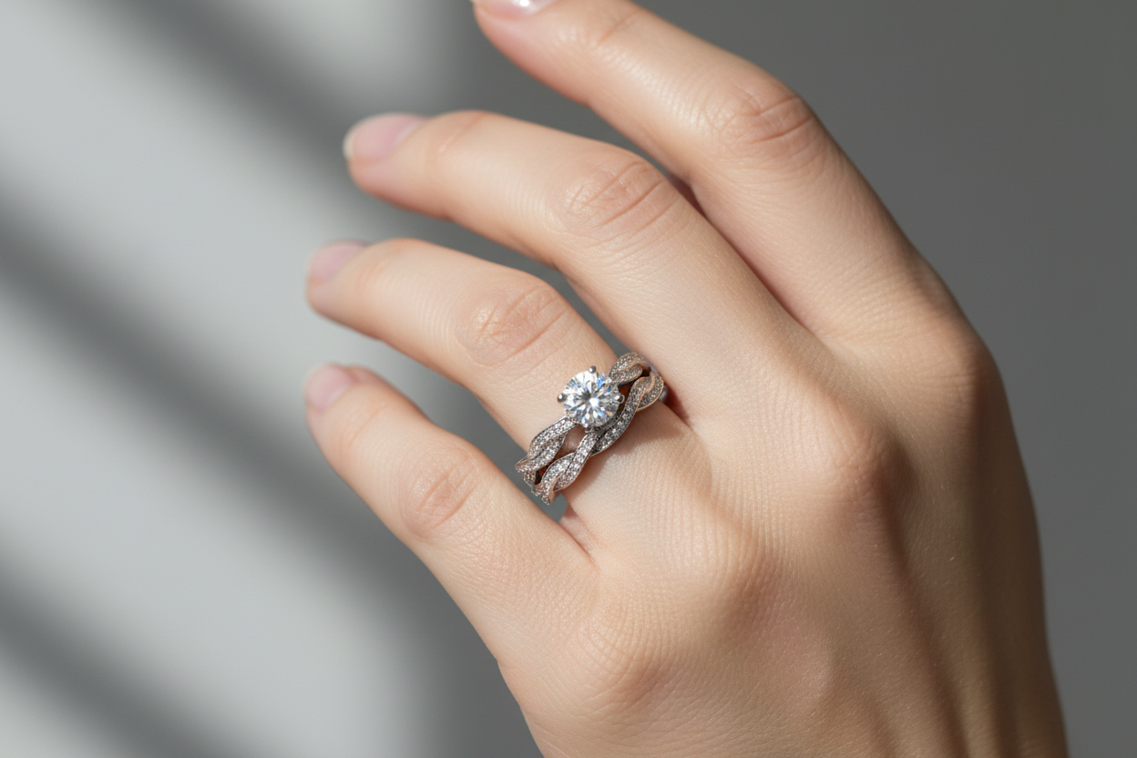Sterling silver moissanite engagement ring set with matching band