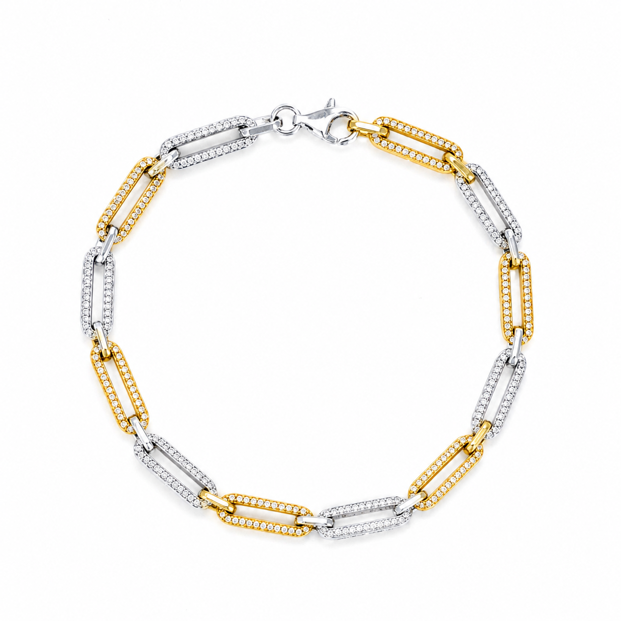 Minimalist two-tone sterling silver bracelet featuring pavé moissanite links.