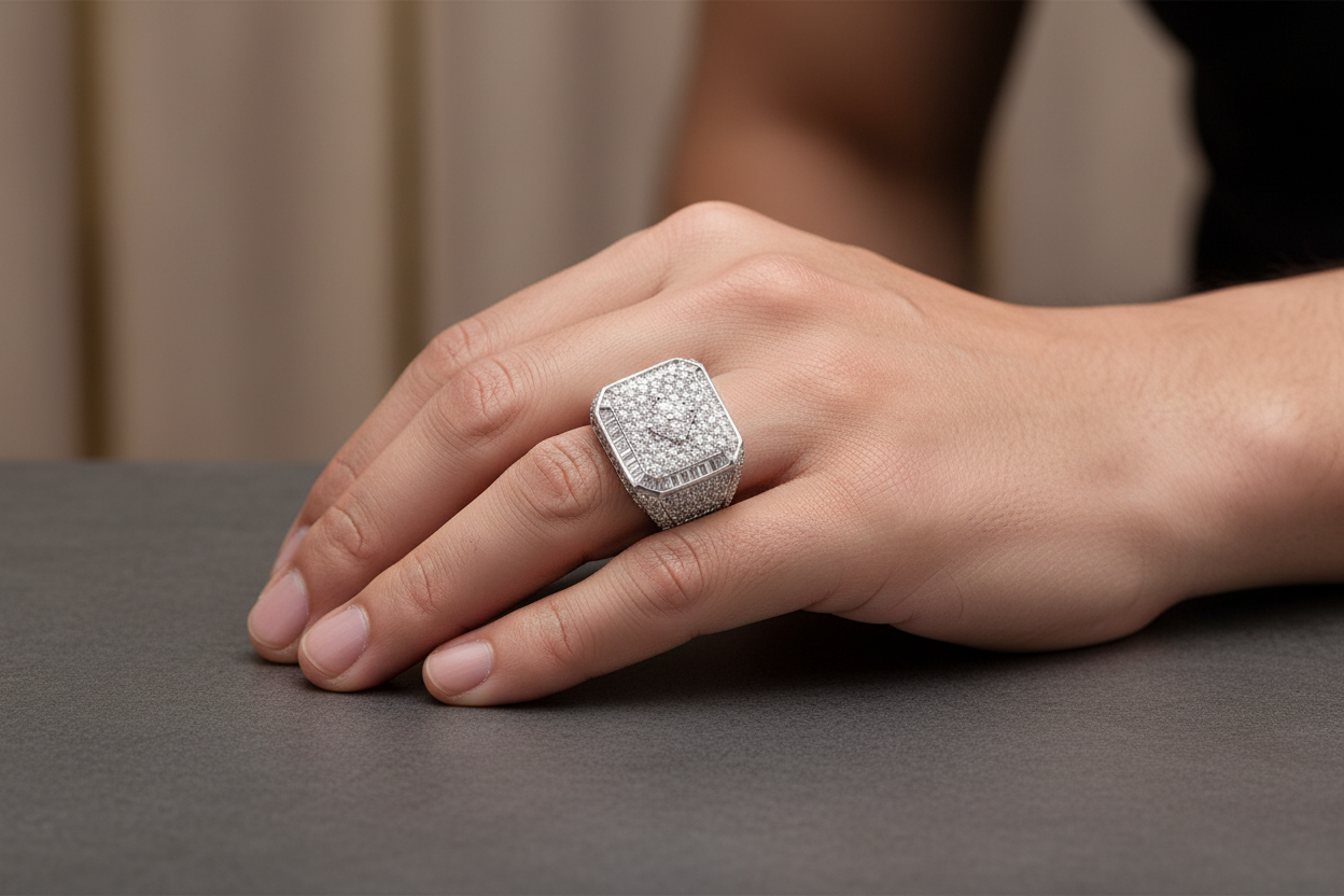 Square moissanite ring featuring a baguette halo design