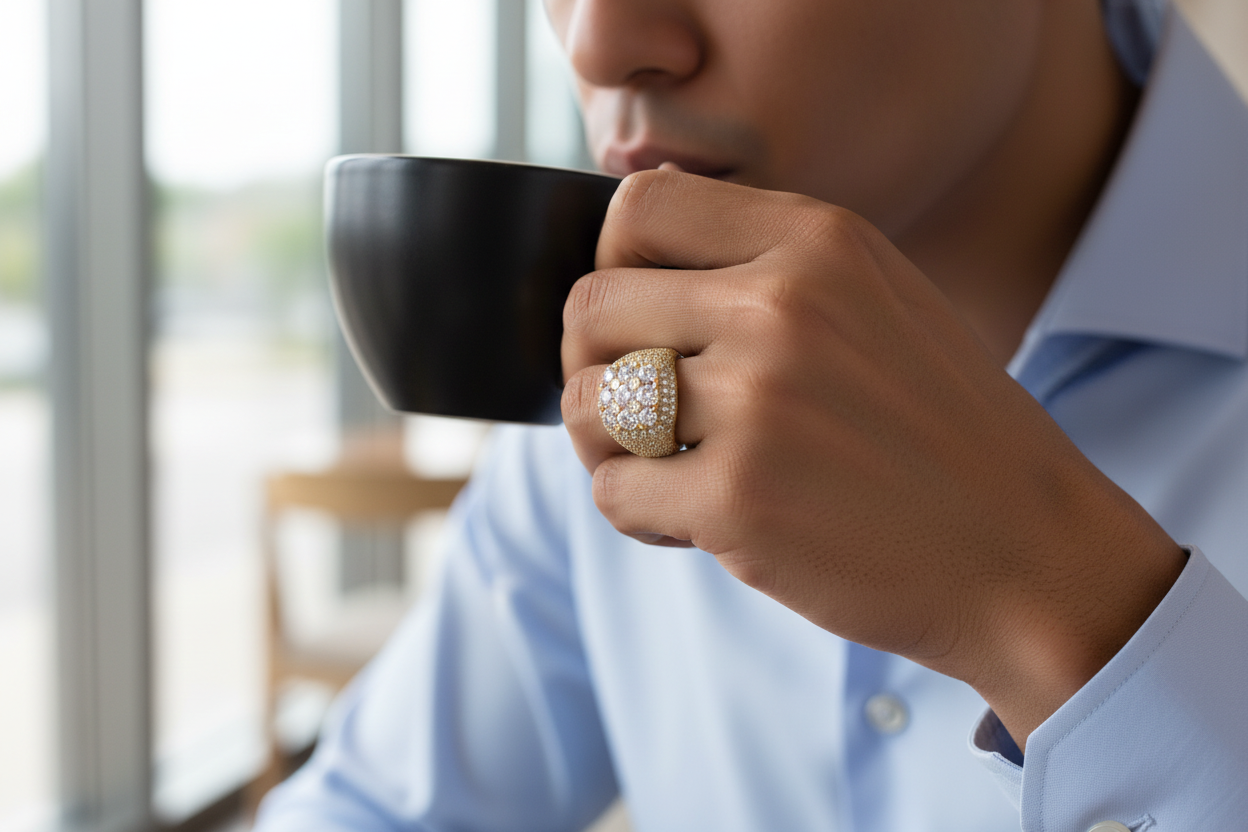 Model wearing square pave set ring featuring premium VVS moissanite stones