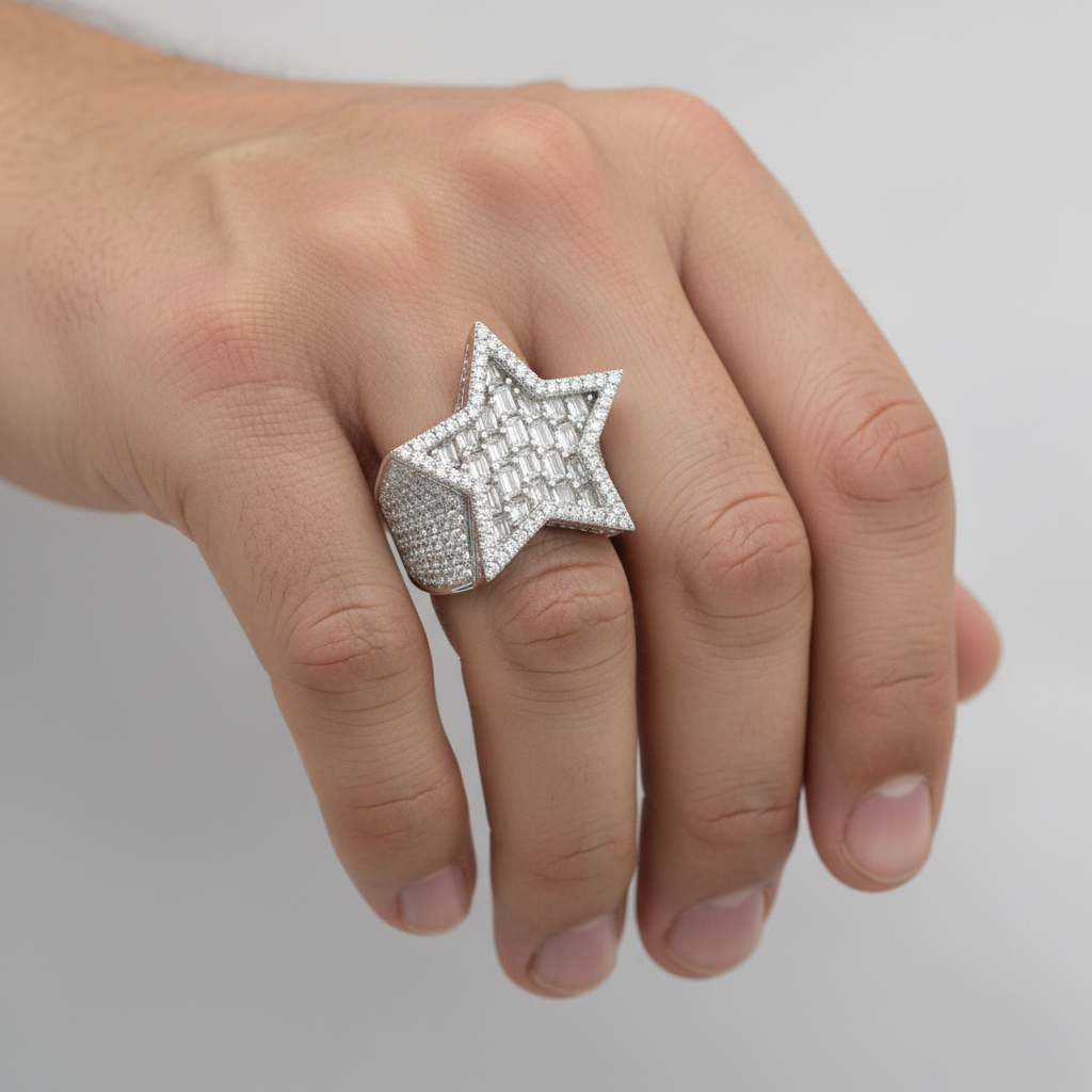 Iced-out star ring with round and baguette moissanite stones