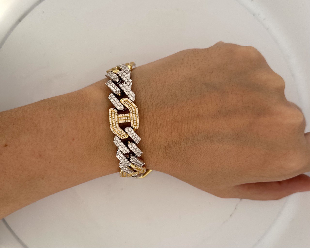 Men's sterling silver statement bracelet with pavé Cuban geometric links