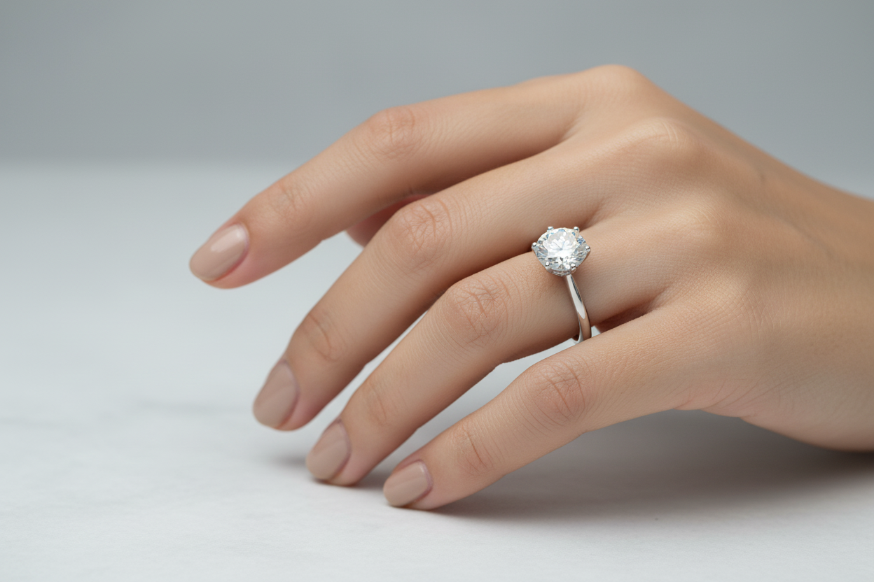 Silver 2CT Round Solitaire Ring with VVS Moissanite on Model