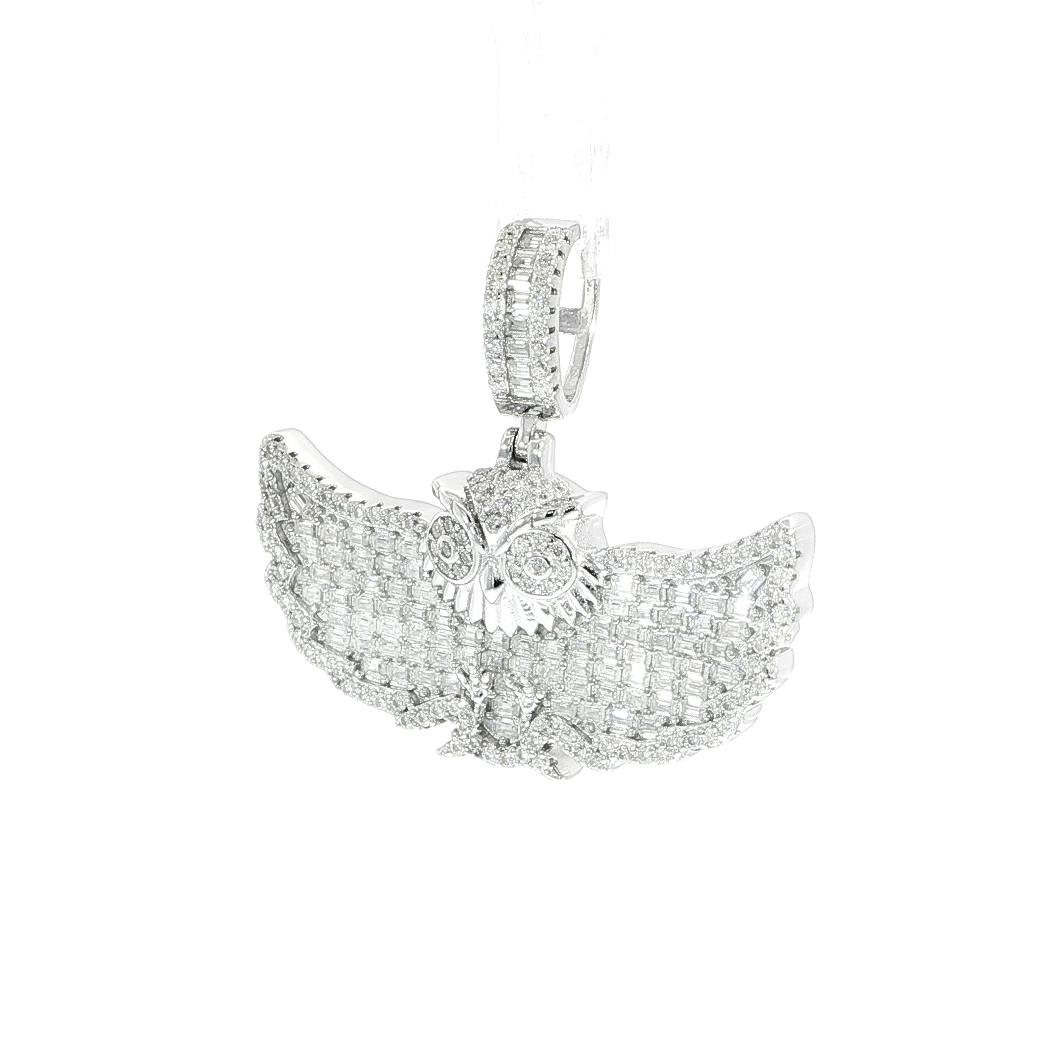Sterling silver owl necklace pendant with baguette and round moissanite stones