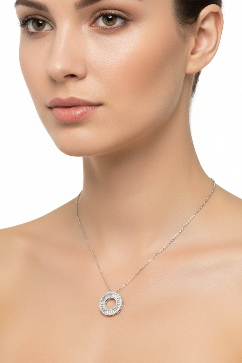 Sterling silver 16MM baguette circle pendant necklace featuring 1.16 CTW VVS moissanite.