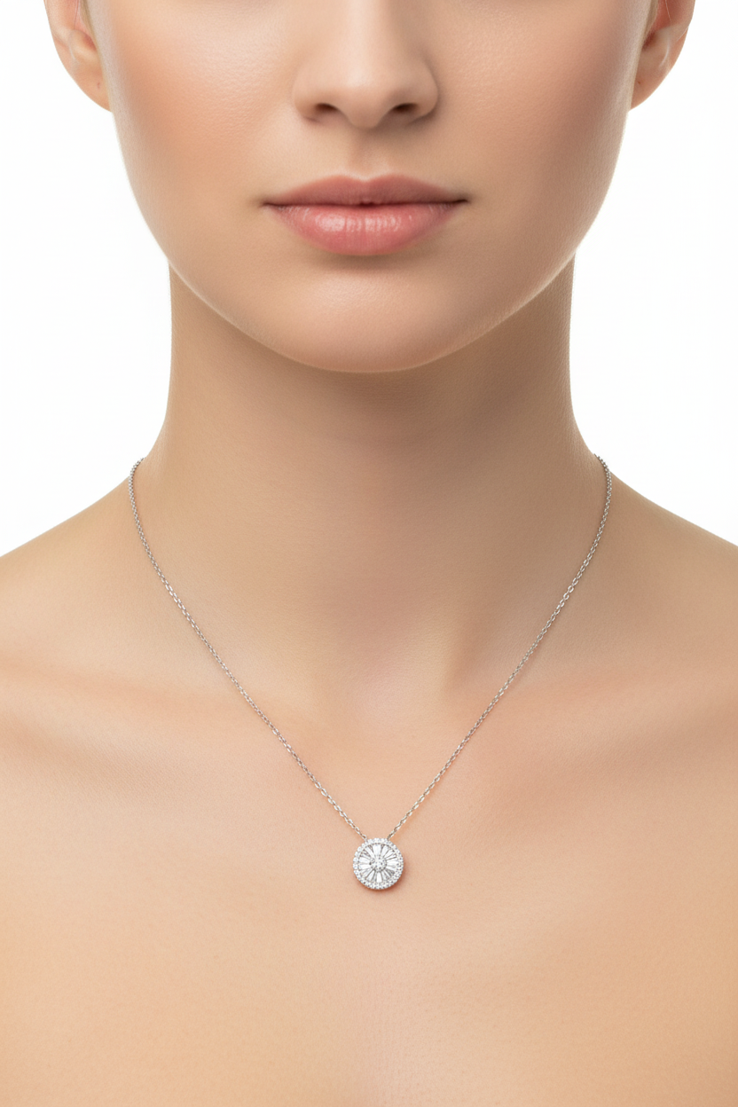 Model wearing 925 sterling silver baguette circle pendant necklace with VVS moissanite.