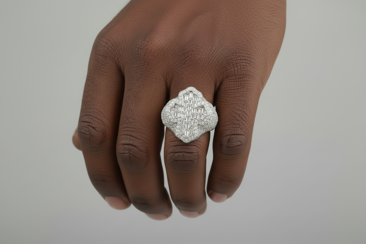 Sterling silver baguette cross ring with VVS moissanite and pave eternity band