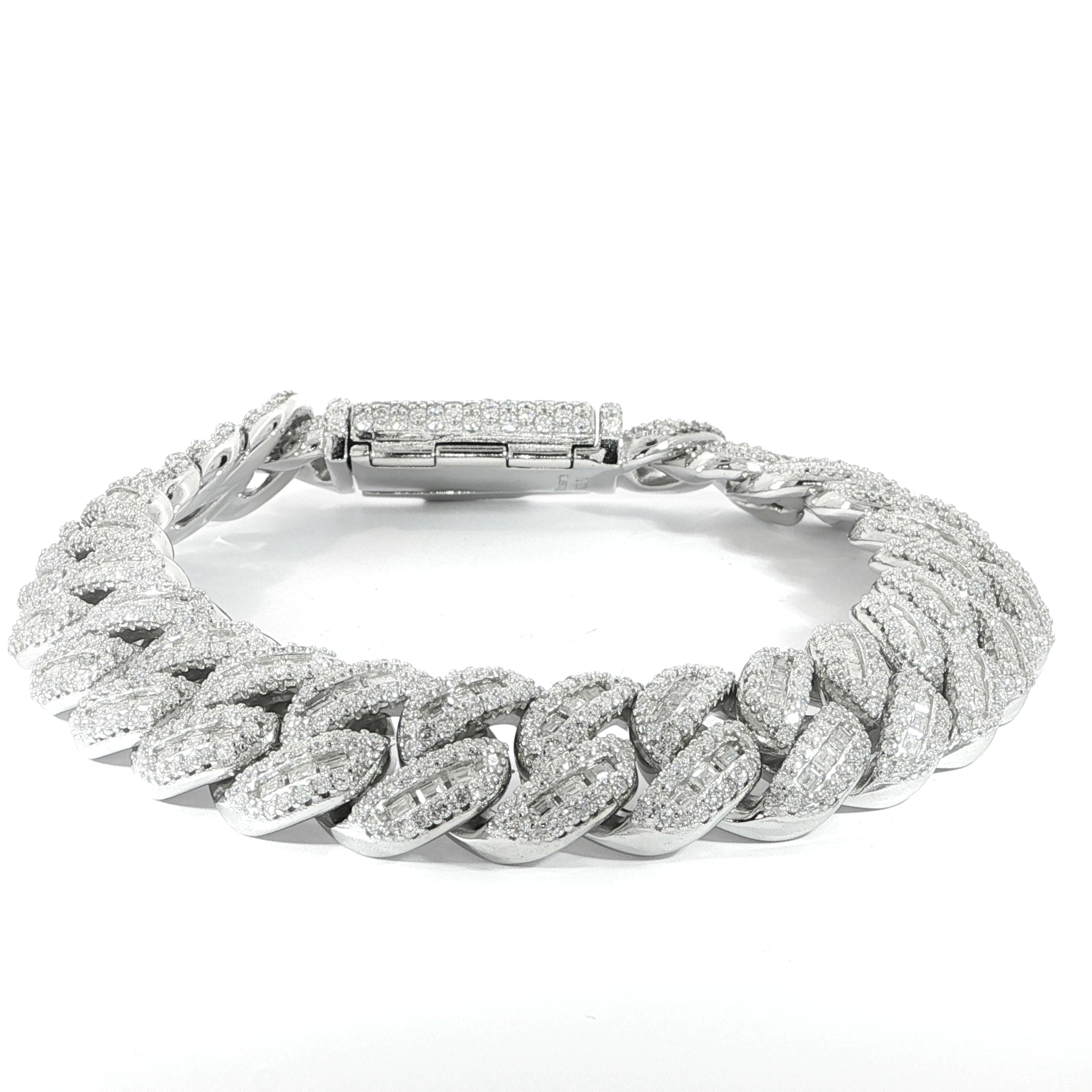 VVS moissanite Cuban bracelet featuring baguette center accents and a fully iced box clasp.