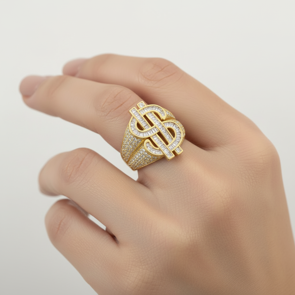 Sterling silver dollar sign ring with VVS moissanite stones and pave detailing