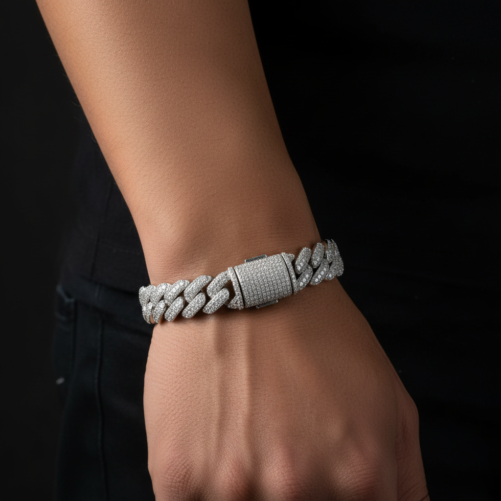 Sterling silver fully iced Cuban link bracelet with VVS Moissanite