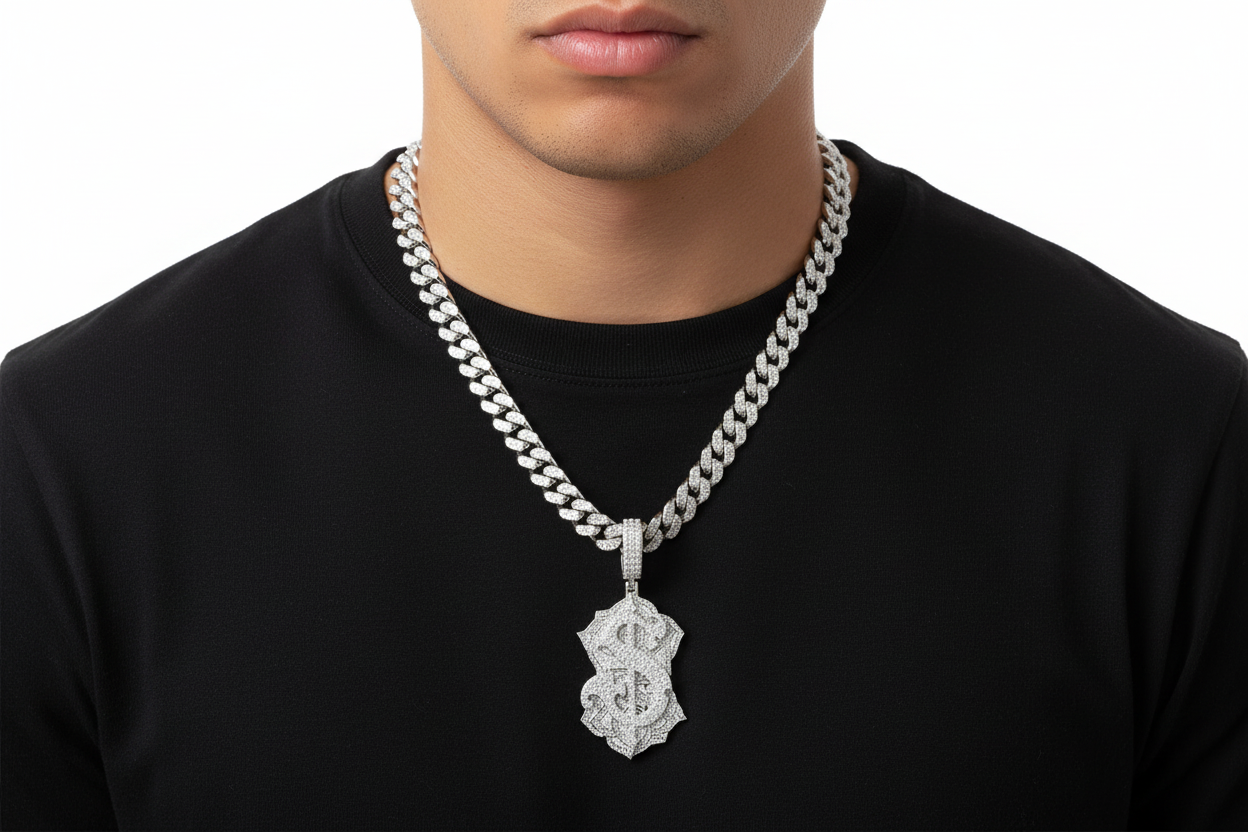 Sterling silver fully iced money sign pendant with VVS moissanite.