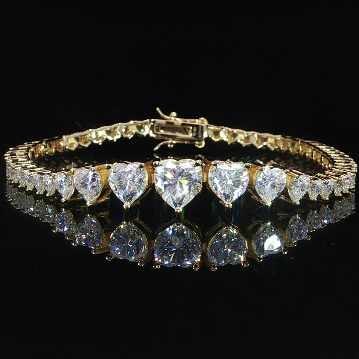Front view of a sterling silver heart-cut moissanite tennis bracelet