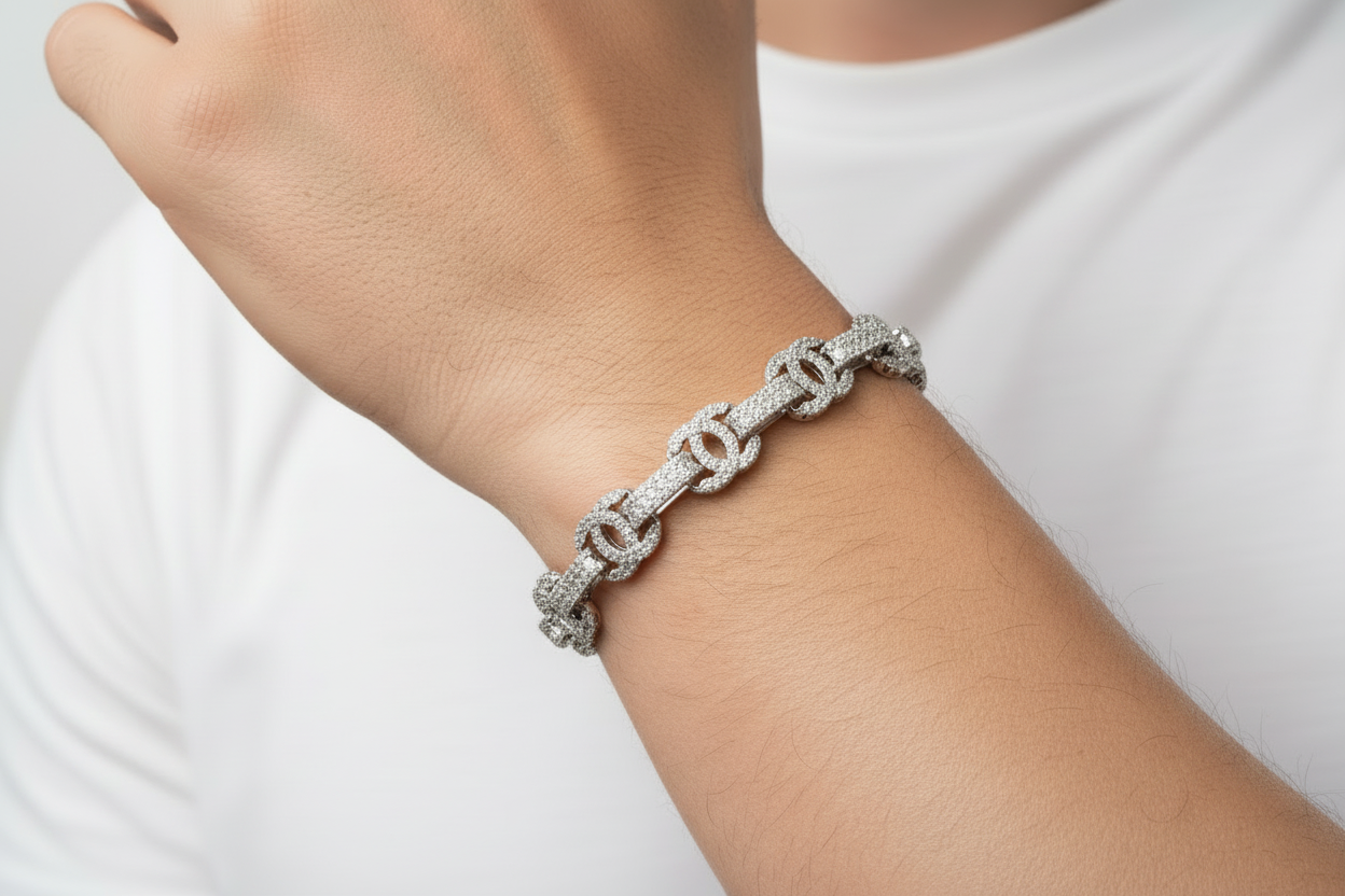 Luxury sterling silver tennis bracelet with interlocking circle links and brilliant VVS moissanite stones in a 4.6MM profile.