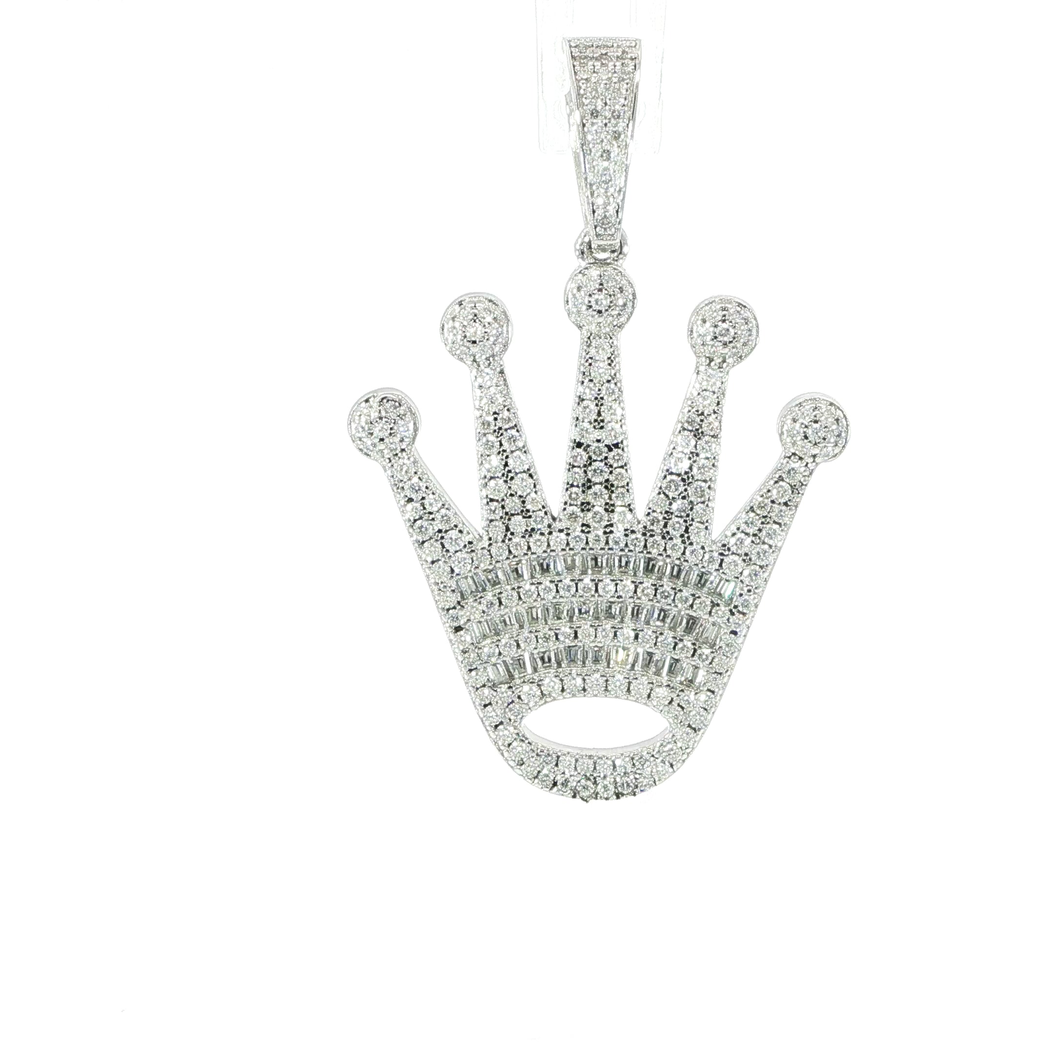 Close-up view of iced out crown pendant in sterling silver