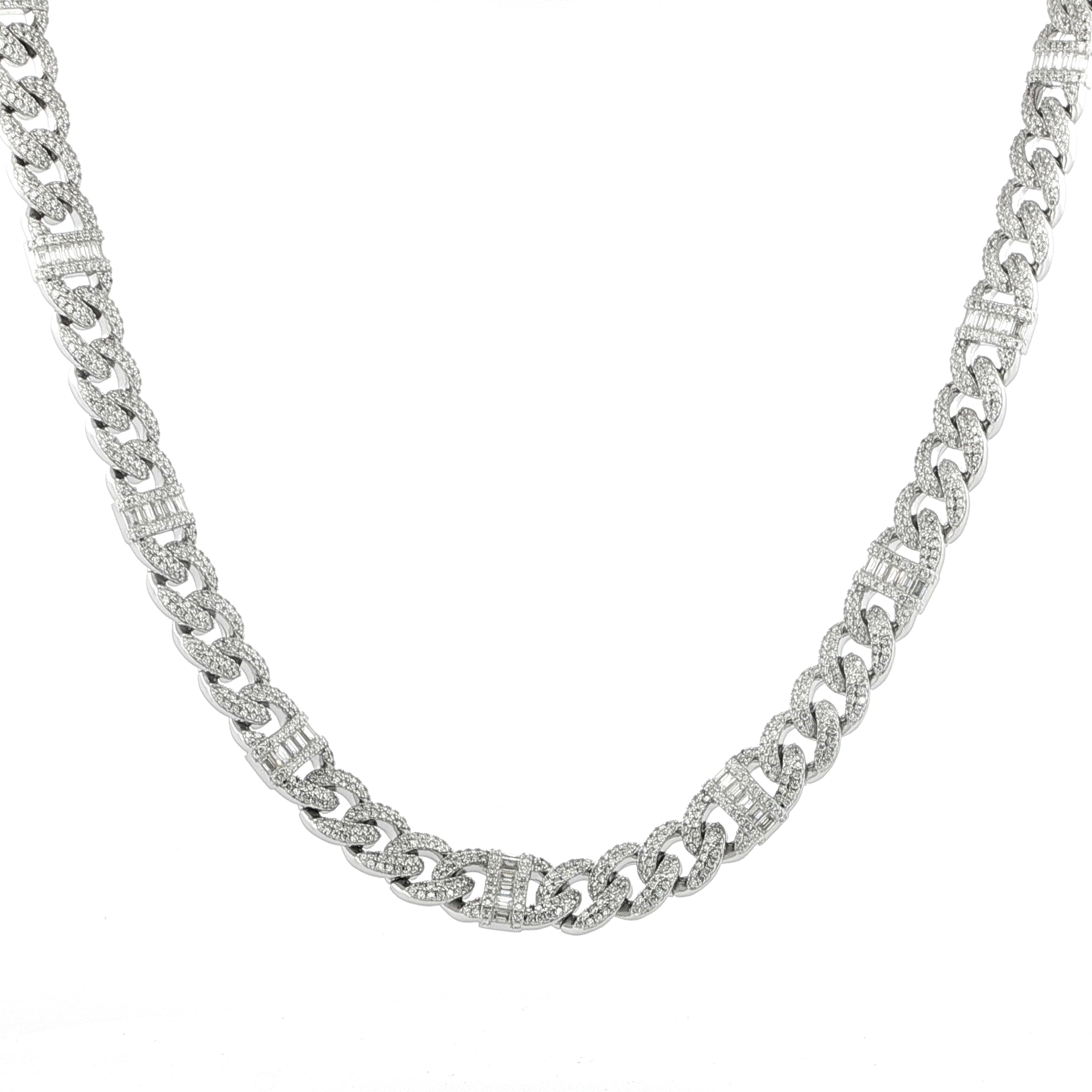 Sterling Silver Miami Cuban Necklace with baguette accents and VVS Moissanite 13MM