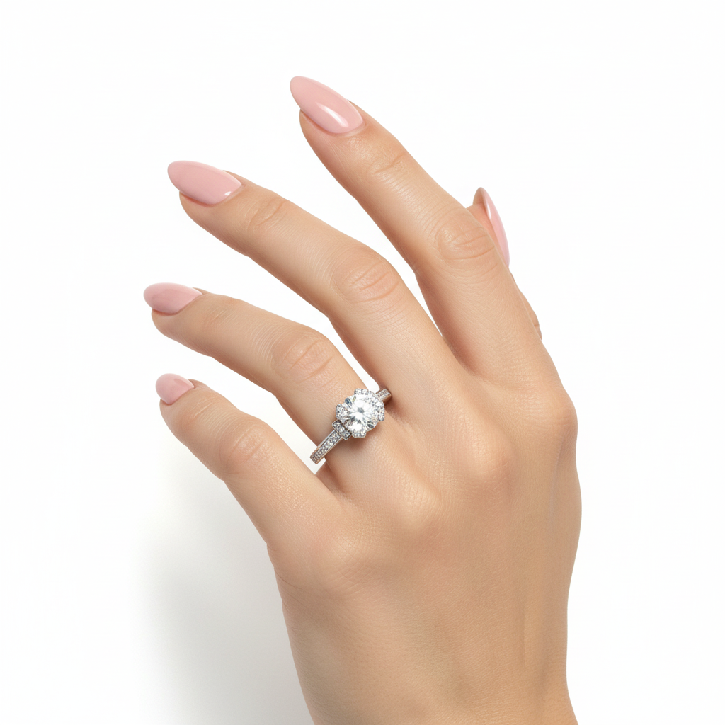 Sterling silver moissanite engagement ring with melee stones around band and prongs