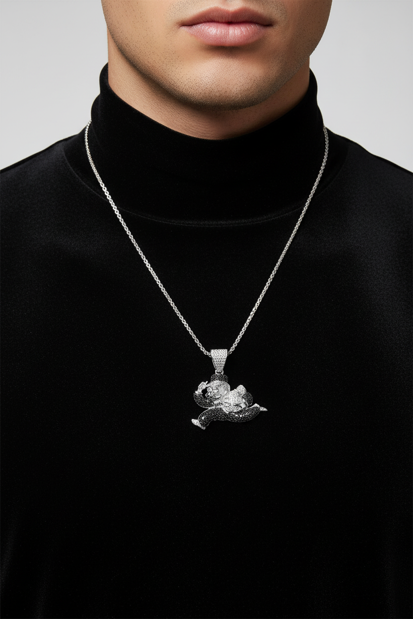Detailed Money Man pendant holding a money bag with pave-set stones
